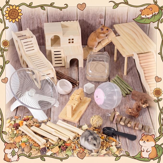 Leitee 30 Pcs Hamster Cage Accessories, Chew Toys for Guinea Pig, Chinchillas, Gerbils, Mice, Rats, Rabbit, Silent Wheel with 15 Chew Toys Set, Maze Wood House, Mouse Tunnel Tube and Sand Bath Box Set