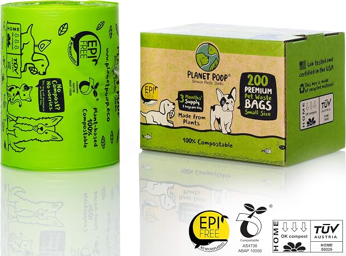 Planet Poop Compostable Dog Poop Bags for Small Pets, Large Single Roll 200 Mini Size Grab & Go, Biodegradable Un-Scented Dog Waste Bags with Handles, Leakproof Doggy Cat Bag, Plant Based Pet Supplies