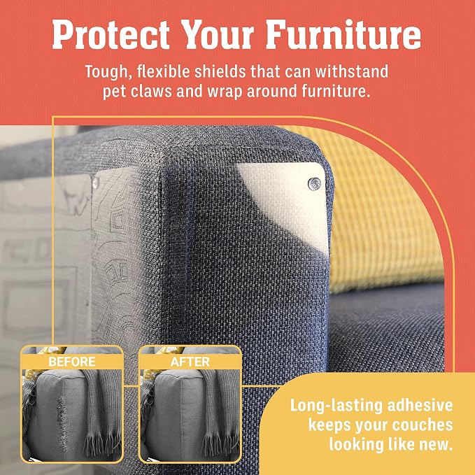 6 Pack XL Anti Cat Scratch Furniture Protector - Couch Protector from Cat Claws w/Twist Pins, Clear, Easy-to-Apply Scratching Deterrent and Shield for Sofa (Not for Leather, Velvet, Microfiber)