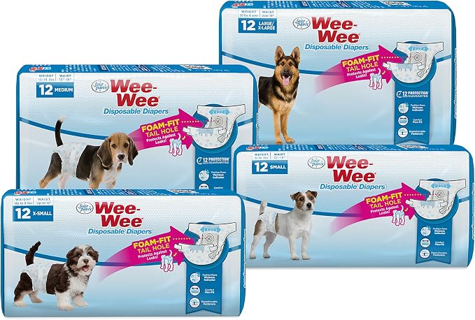 Four Paws Wee-Wee Super Absorbent Disposable Adjustable Dog Potty Training Diapers, Leak-Proof Protection for Dogs, Size Medium, 15" - 18" Waist, 12 Count