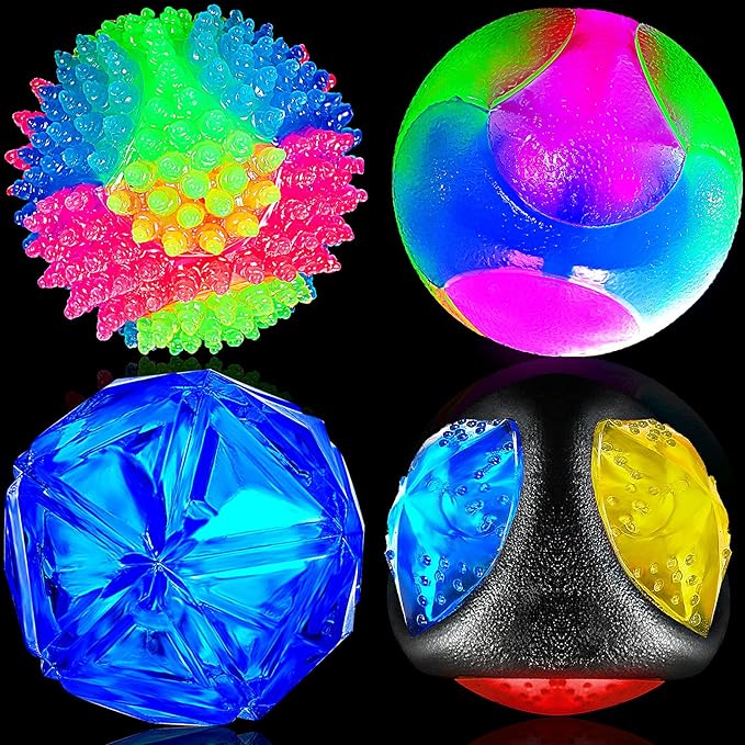 Sumind 4 Pieces Light up Squeaky Dog Balls LED Flashing Light up Ball for Aggressive Chewers Glow in the Dark Flashing Ball Pet Squeaky Toy Bounce Activated Toy for Medium Small Dogs Gift