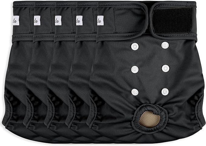 Female Dog Diapers 5Pcs - Premium Reusable Diapers for Doggie in Heat - Highly Absorbent Dog Diapers Female for Pet Incontinence with Adjustable Snaps, Black, L