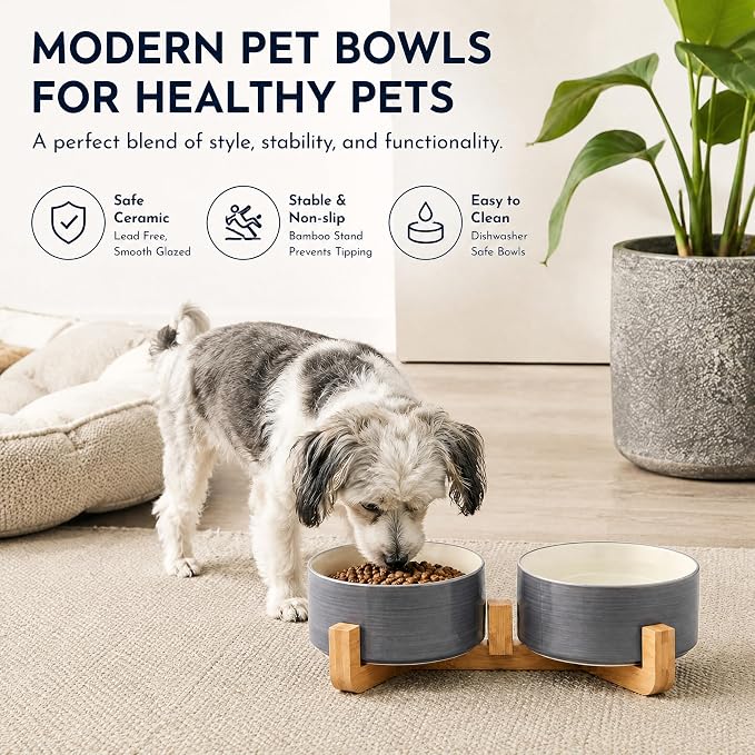 Petygooing Ceramic Cat Dog Bowl Set with Wood Stand, 13.5OZ/5.1 in, Grey White