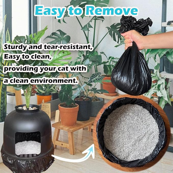 50 Pack Litter Box Liners Compatible with Hooded Litter Box Cat, Elastic Band Trash Bags for Disposal of Cat Waste, Waterproof and Leak Proof (Black)