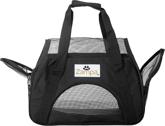 Airline Approved Soft Sided Pet Carrier by Zampa, Low Profile Travel Tote, Removable pad, Premium Zippers & Under Seat Compatibility, for Cats and Small Dogs (15" x 17" x 7", Black)