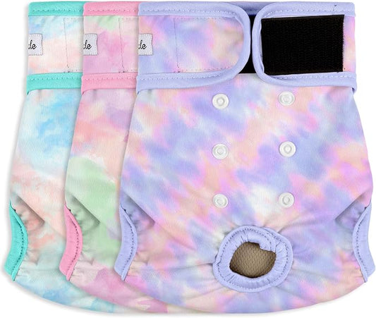 3 Pack Female Dog Diapers - Reusable Diapers for Doggie in Heat - Highly Absorbent Dog Diapers Female for Pet Incontinence with Adjustable Snaps (Tie Dye, M)