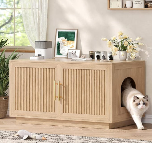Fluted Cat Litter Box Enclosure, 31.5" Hidden Litter Box Furniture Cabinet with Double Doors, Reversible Entrance Left or Right Side, Indoor Cat House, Modern End Table for Living Room, Oak