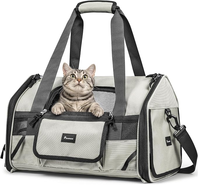 Soft-Sided Travel Cat Carrier with Safety Buckles, Lockable Zippers & Safety Tether, Escape-Proof Collapsible Pet Carrier for Car Rides & Vet Visits, Airline Approved Underseat, Up to 12lbs