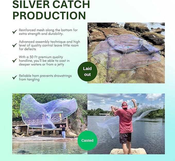 Cast Nets 4.5ft-10ft Radius|3/8",1/2",1" Mesh for Fishing with Chain Bottom, Salt Water Casting Fishing Net Gear, Easy Throw Nets Fishing Bait - Elite Series