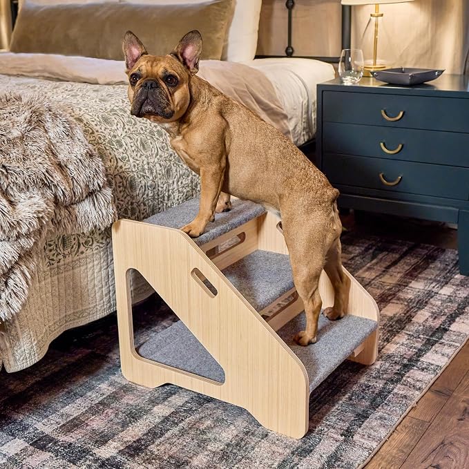 FurHaven Steady Paws 3-Step Pet Stairs – Plush Faux Fur Dog Steps for Bed and Sofa, Small Dogs & Cats, Natural/Gray