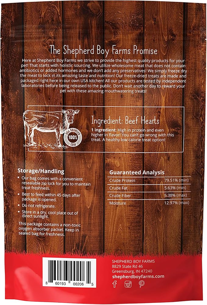 Shepherd Boy Farms Freeze Dried Dog and Cat Treats, Beef Heart, All Natural Single Ingredient Freeze-Dried Dog Treat & Snacks, Made in USA, High Protein, Essential Nutrition of Raw Food, 3oz