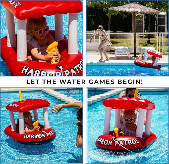 Police Boat Inflatable Pool Floats Kids, Toddler Harbor Master Police Patrol Inflatable Boat Pool Float Ride On, Fun Water Toy Squirter Pool Toy, Police & Fire Rescue Theme Pool Raft for Boys, Girl