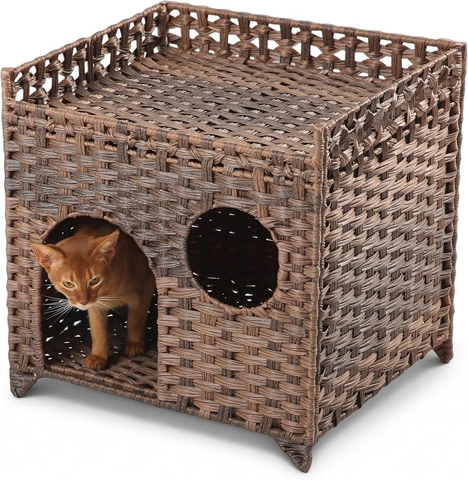 Wicker Cat House for 1-2 Cats Under 20 lb, Medium-Large Indoor Cat Condo No Assembly, Handwoven Rattan-Style Breathable Cat Bed Pet Cube for Living Room Bedroom, Suitable for Summer Use (Brown)