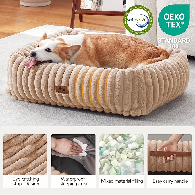 Dog Bed Medium Size Dog, Rectangle Orthopedic Pet Bed for Car and Indoor, Comfort Fluffy Memory Foam Dog Beds with Anti-Slip Bottom, Camel(30x24x8inchs)