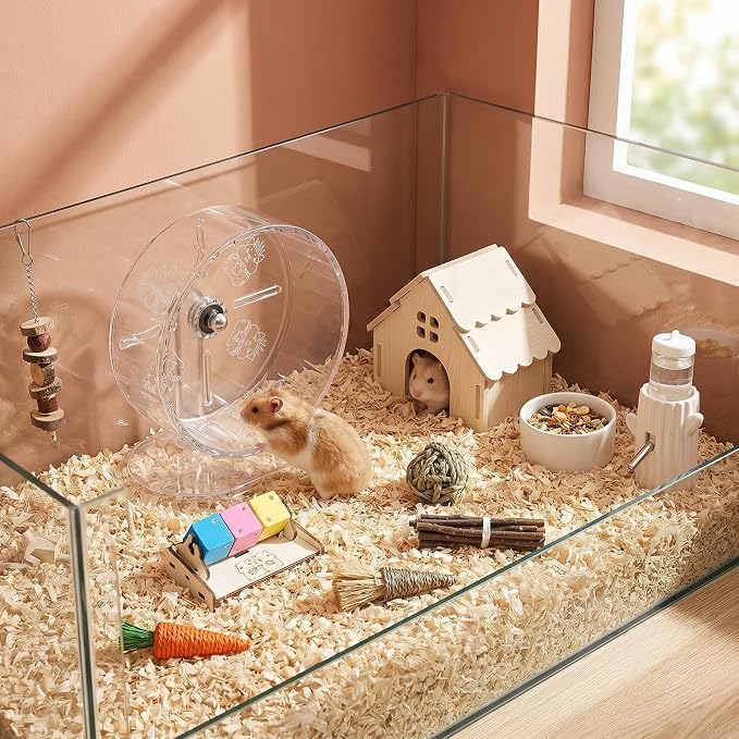12-in-1 Hamster Cage Accessories Kit for Dwarf & Syrian Hamsters, Silent Exercise Wheel 9.5", Wooden Hideout, Water Bottle, Ceramic Food Bowl, Chew Toys & Small Animal Habitat Starter Set