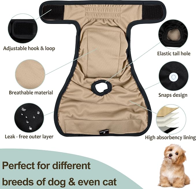 Washable Female Dog Diapers - Premium Reusable Diapers for Doggie in Heat - Highly Absorbent Dog Diapers Female for Pet Incontinence with Adjustable Snaps(Black, M)