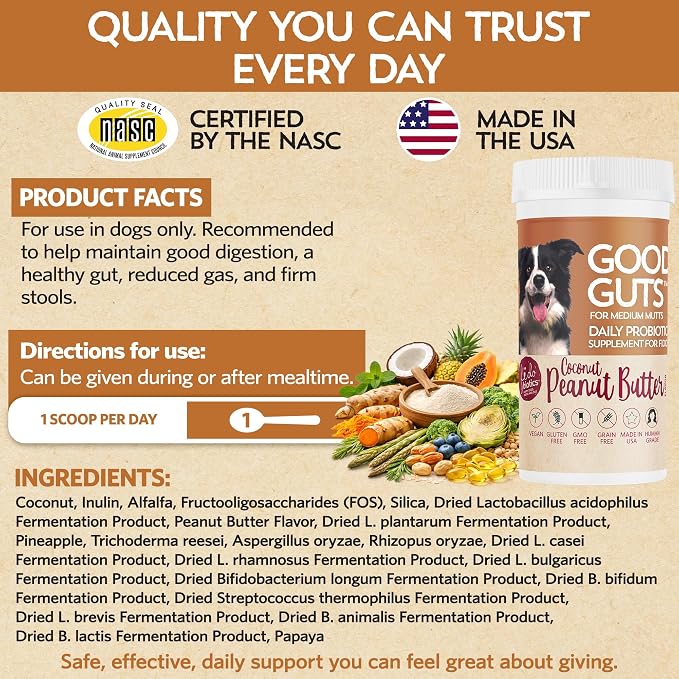 Fidobiotics Good Guts Probiotics for Dogs – Dog Probiotic Powder for Digestive Health, Gas Relief & Firmer Stools, 6B CFUs, Enzymes & Prebiotics, Medium Dogs, Puppies & Adults