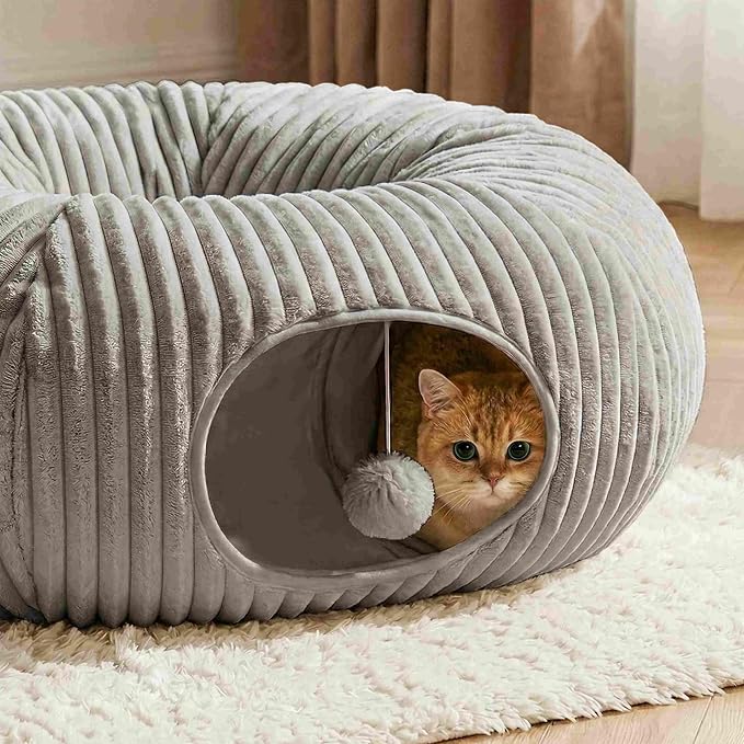31 Pcs Interactive Cat Toys for Indoor Cats, Cat Tunnel with Moving Ball, Cat Toy Launcher, Catnip Toys, Chew Rope, Feather Wand, Springs and Balls for Indoor Kittens, Grey