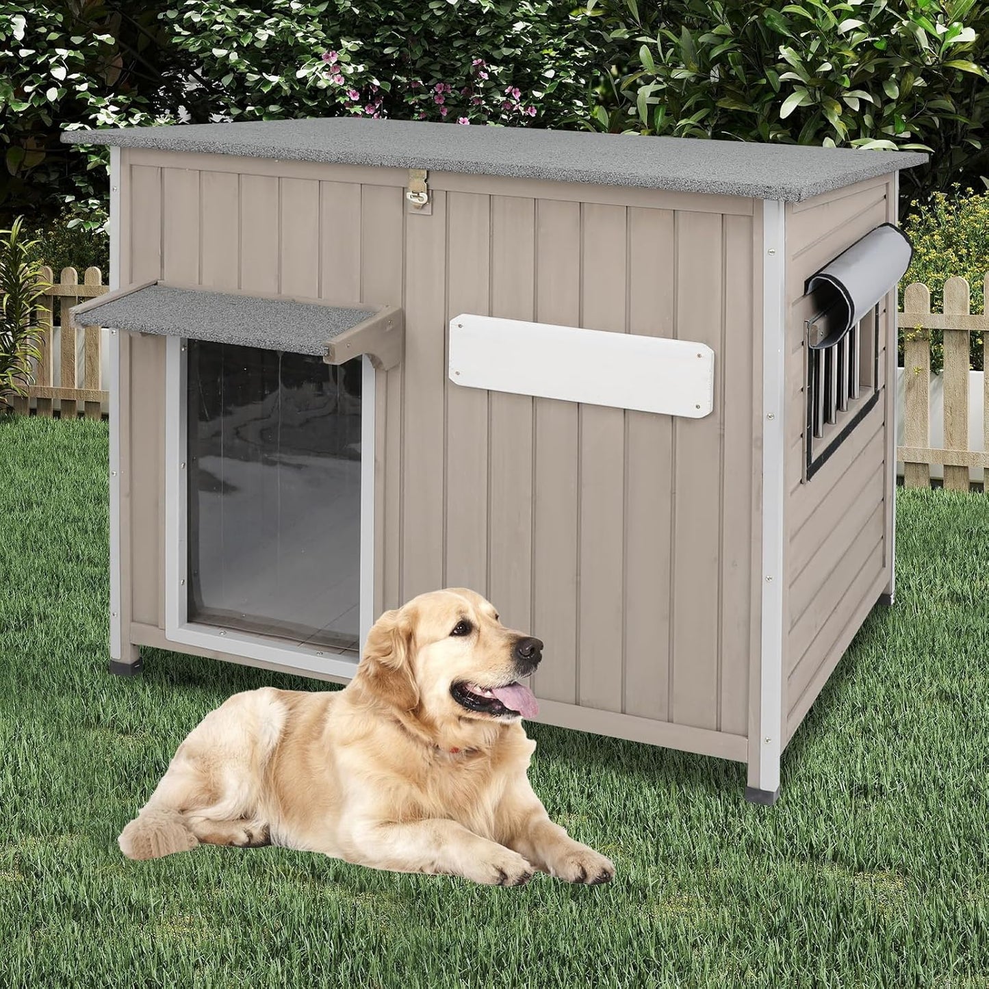 Weatherproof Outdoor Dog House, Wooden Puppy Shelter with Anti-Chewing Iron Frame and Elevated Floor, Sturdy Dog Kennel for Small, Medium & Large Dogs, Grey (Gray, 40" L x 26" W x 31" H)