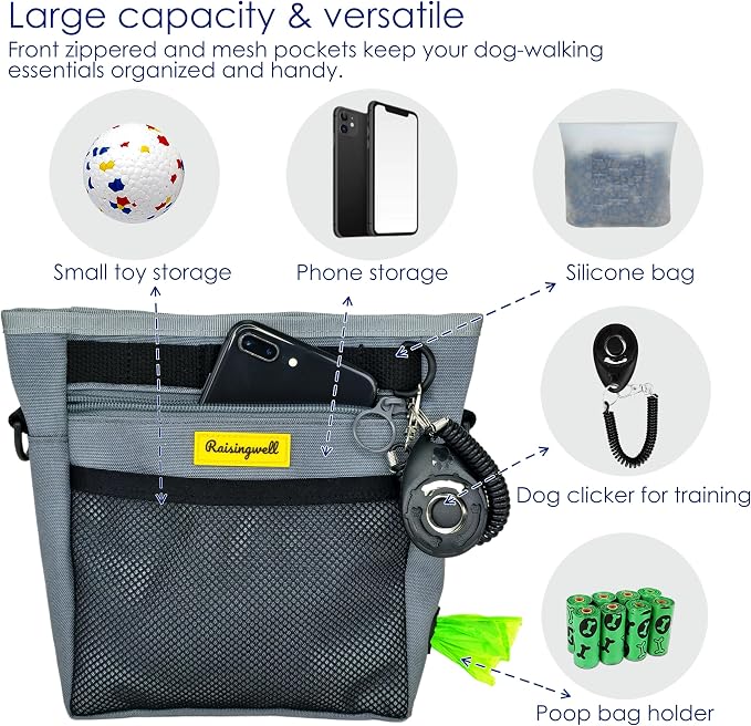 Raisingwell Dog Treat Pouch with Magnetic Closure 4-Cup Silicone Bag Fanny Pack Holder with Clicker 4 Ways to Wear Front Pocket Fits All Phones Ideal for Leash, Pet Walking and Training（Gray）
