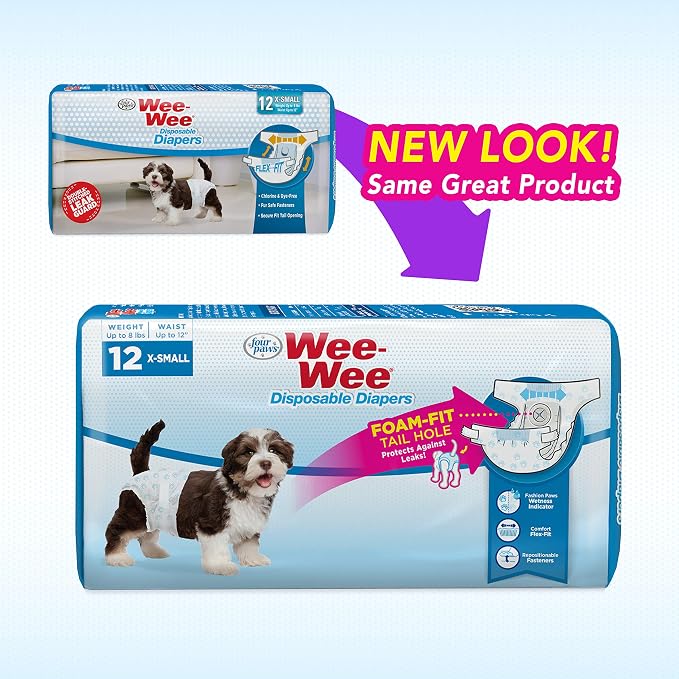 Four Paws Wee-Wee Super Absorbent Disposable Adjustable Dog Potty Training Diapers, Leak-Proof Protection for Dogs, Size Extra Small, Up to 8" Waist, 12 Count
