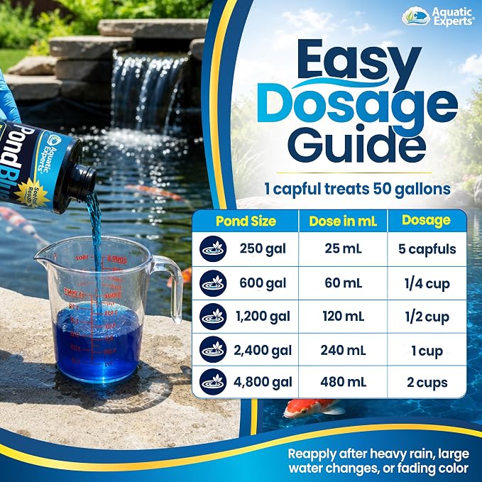 PondBlue Blue Pond Dye & Pond Colorant with De Foaming Action for Garden Ponds, Koi Ponds & Water Gardens, Safe for Pond Fish & Plants, 16.9 fl oz, Aquatic Experts