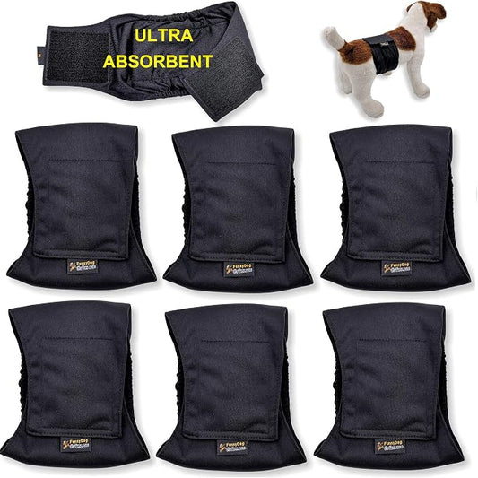 Pack of 3 or 6 Male Dog Diapers 4 - Layers of Absorbent Pads Waterproof Leak Proof Belly Band Wrap Washable (S: Waist 10" - 12", Pack of 6 Black)