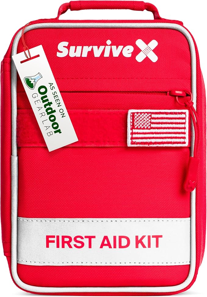 SurviveX Small First Aid Kit for Car, Travel & Home - Emergency Kit for Hiking, Camping, Backpacking and Outdoors - Includes Zip Stitch Wound Closure Strips