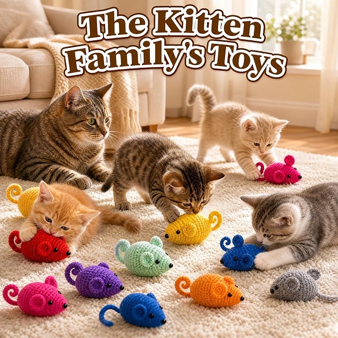 Outus 10 Pcs 3.5inch Crochet Mice Cat Toys Bulk Interactive Cat Mouse Toys Knitted Chew Animals Toy for Indoor Cats Kittens Cleaning Teething Kicker Chasing and Batting