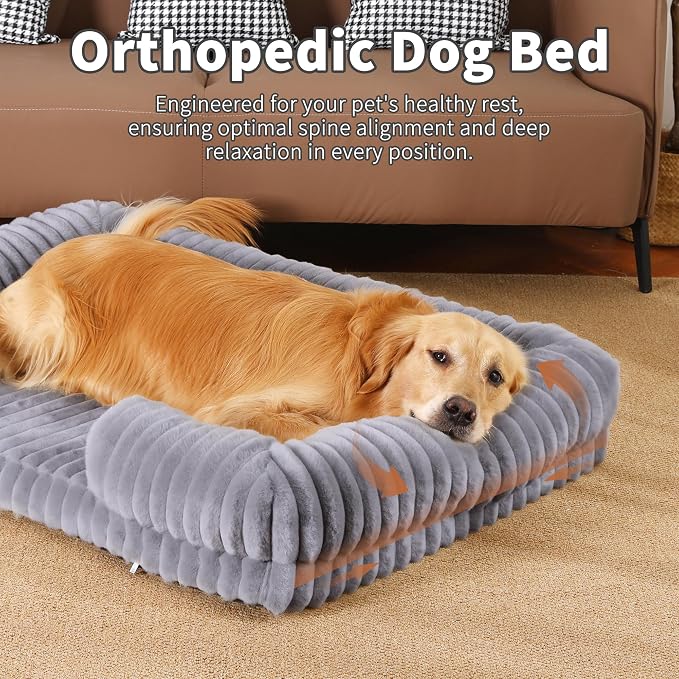 Orthopedic Dog Bed for Large Dogs 42x27x3 Inches Soft Striped Faux Rabbit Fur with Removable Washable Cover & Waterproof Lining, Egg Crate Foam, Gray