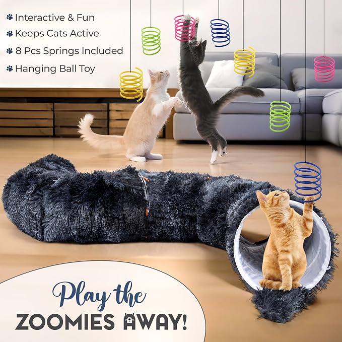 Cat Tunnel Bed with 8 Spring Toys - Plush Peekaboo Cat Cave for Indoor Pets - Versatile Cat Donut Tunnels for Indoor Cats- Foldable Kitten Bed Tunnel