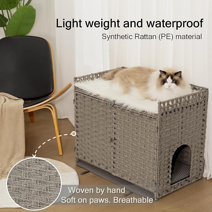Furriends Cat Litter Box Enclosure with 2 Litter Mats, Hidden Litter Box Cabinet for Dust and Order Control, Litter Box Hider, Handwoven Rattan Cat House with Three-sided Fenced Top (Grey)