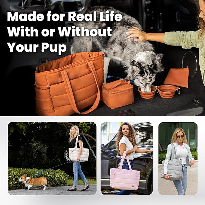 Rubyloo Dog Mom Essentials Bundle - Puffer Tote with Storage Containers (Beige) and 32 oz Water Bottle with Detachable Bowl (Dog Mom) - Travel Bag and Hydration Set