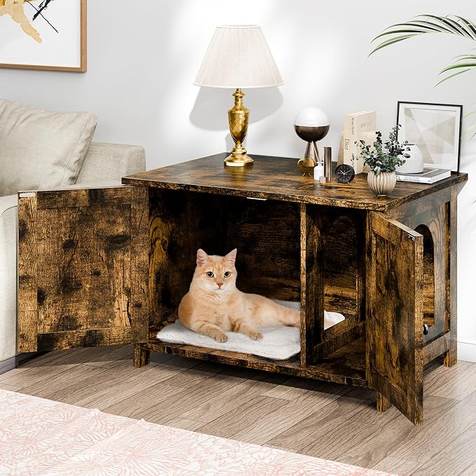 Shintenchi Cat Litter Box Enclosure, Litter Box Furniture Cabinet Hidden with Removable Divider, Wooden Cat House with End Table, Brown, 31.5 inch