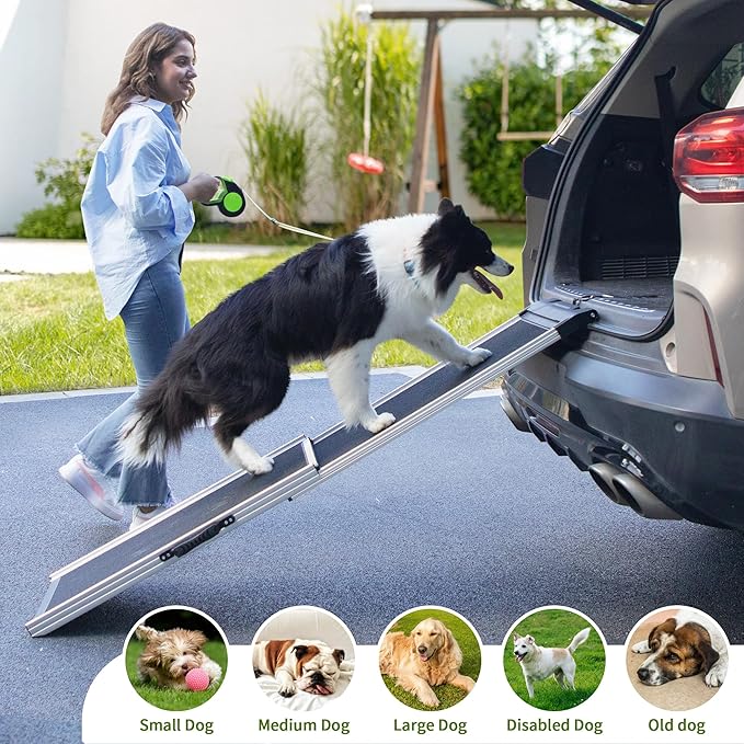 COZIWOW Aluminum Pet Ramp Ladder,Portable Dog Car Step Ramp with 2-Fold Design and Handle, Non-Slip Surface, Oxford Strap,Pet Stairs for Vehicles,SUV,Truck, High Bed,Black