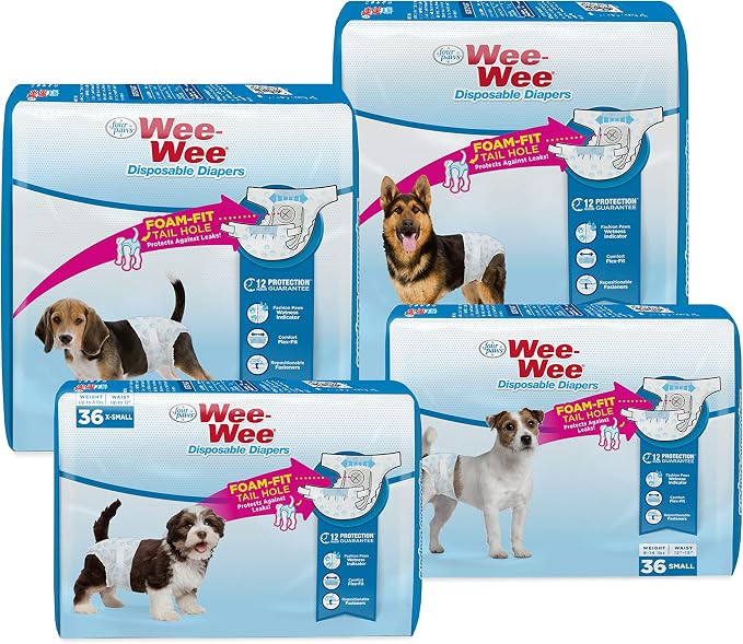 Four Paws Wee-Wee Super Absorbent Disposable Adjustable Dog Potty Training Diapers, Leak-Proof Protection for Dogs, Size Large, Over 19" Waist, 36 Count
