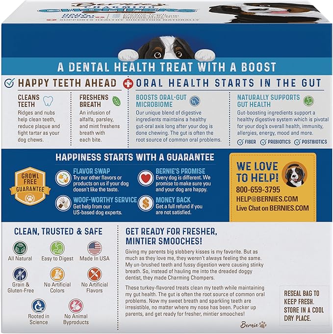 Bernie's Charming Chompers - Daily Dental Chews for Dogs - Cleans Teeth, Freshens Breath, + Boosts Oral-Gut Microbiome. Easy to Digest, Supports Healthy Digestion Naturally (36 oz, Tiny Dogs)