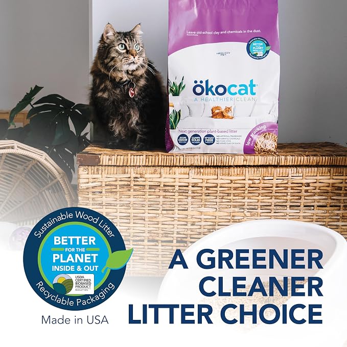 ökocat Less Mess Low Tracking Wood Clumping Cat Litter Mini- Pellets, Unscented, 14 pounds - Natural Ingredients, Stops Odor, Clumps Solid, 99% Dust Free, Great for Long-Hair Breeds