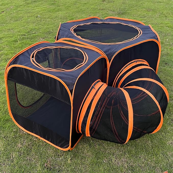 Portable Dog Playpen 2-Room with Tunnel, 3-in-1 Large Cat Crate Play Enclosure with Separate Areas, Foldable Pet Playpen for Puppy Kitten and Small Animals Indoor Outdoor