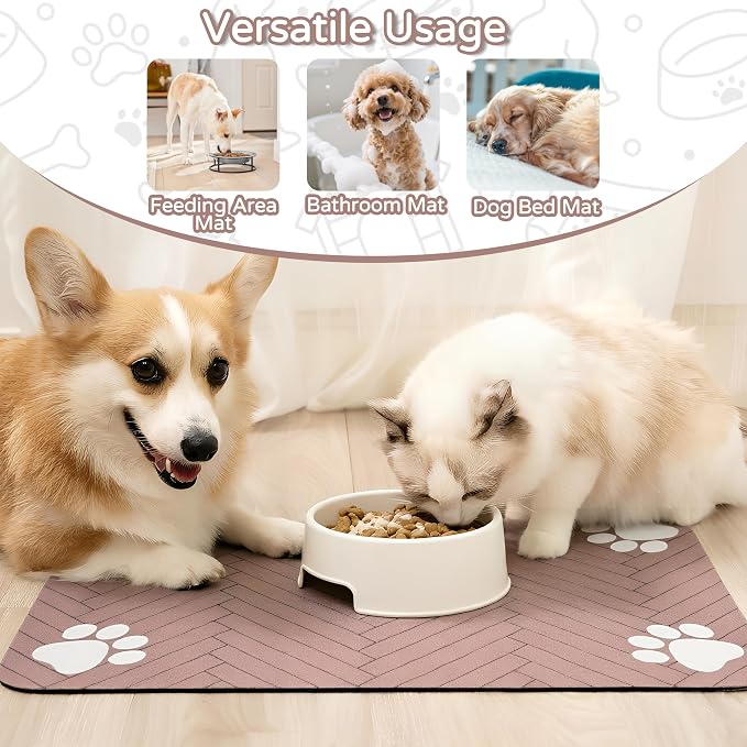 Pet Feeding Mat-Absorbent Dog Feeding Mat for Food and Water Bowl,No Stains Pet Placemat,Quick Drying Water Dispenser Mat for Dog and Cat,Easy to Clean Dog Accessories(L,Dark Brown White Paw)