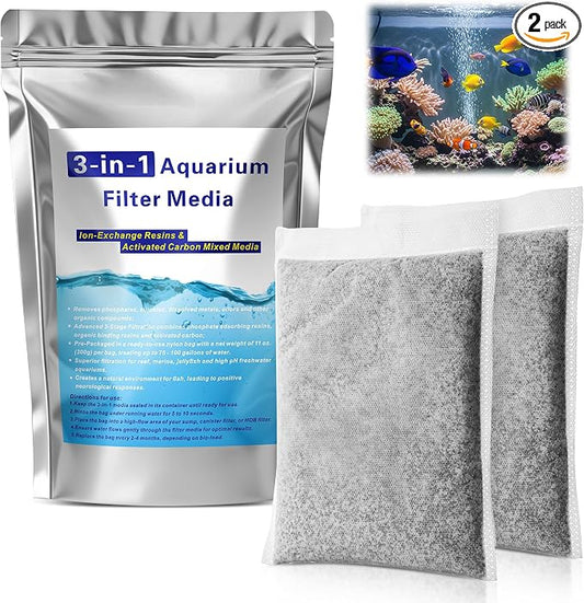 11 oz Bulk (2 Pack) Aquarium Filtration Media, Extruded Carbon & Ion Exchange Resin in Nylon Bags, Treats 75-100 Gallons Per Bag, Removes Phosphates & Metals for Reef, Jellyfish & High pH Aquariums