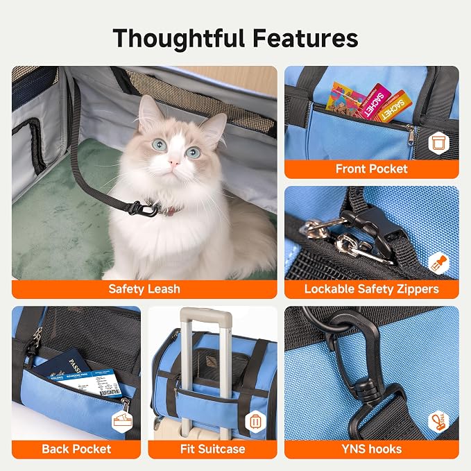 Soft-Sided Travel Cat Carrier with Safety Buckles, Lockable Zippers & Safety Tether, Escape-Proof Collapsible Pet Carrier for Car Rides & Vet Visits, Airline Approved Underseat, Up to 12lbs