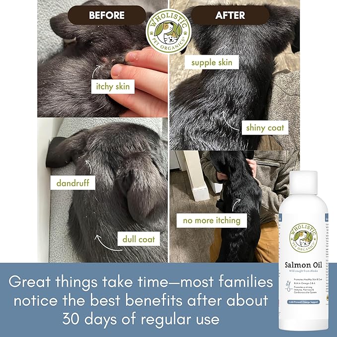 Wholistic Pet Organics Wild Alaskan Salmon Oil for Dogs and Cats - Omega 3 Fish Oil for Dogs & Cats - Cat & Dog Skin and Coat Supplement for Heart, Joints - DHA, EPA Omega 3 Liquid Food Topper - 16 oz