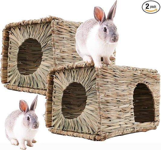 WUWEOT 2 Pack Large Grass Bunny House, Foldable Rabbit Hut, Play Hideaway Bed Hay Mat Chew Toy for Rabbit, Guinea Pigs, Gerbils, Hamster and Small Animals, 11"x8"x8"