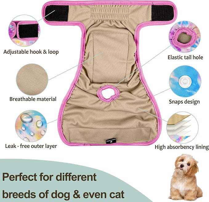Female Dog Diapers 5Pcs - Premium Reusable Diapers for Doggie in Heat - Highly Absorbent Dog Diapers Female for Pet Incontinence with Adjustable Snaps, Rainbow, XL