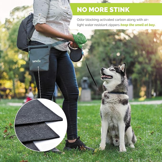 Tuff Mutt Dog Poop Bag Holder with Dispenser, Odor-Blocking Liner and Water-Resistant Fabric, Holds Full Dog Waste Bags, Adjustable Waist Belt, Includes Doggy Poop Roll