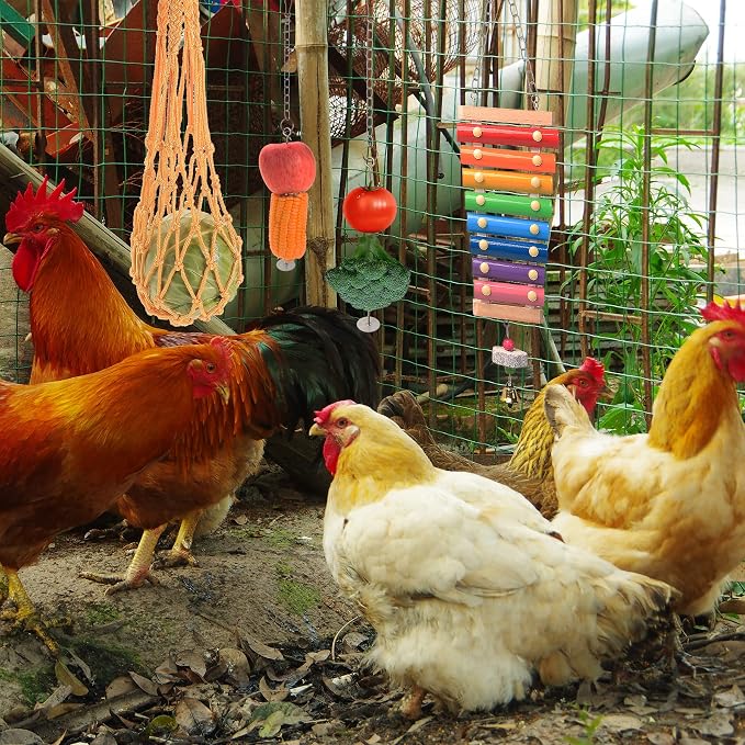 Chicken Toys for Coop 7PCS, KAKUNM Chicken Xylophone, Swing Set, Mirror Toy, Flexible Ladder, Vegetable String Bag and Hanging Feeder