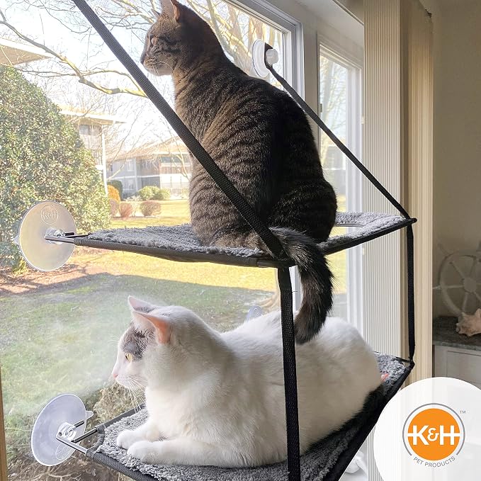 K&H Pet Products EZ Mount Double Stack Cat Window Perch for Large Cats, Sturdy Window Hammock Bed, Steel Frame, Sturdy Suction Cups, 2 Washable Shelf Covers, Foldable - Fits 27"W X 31"H Glass Spaces