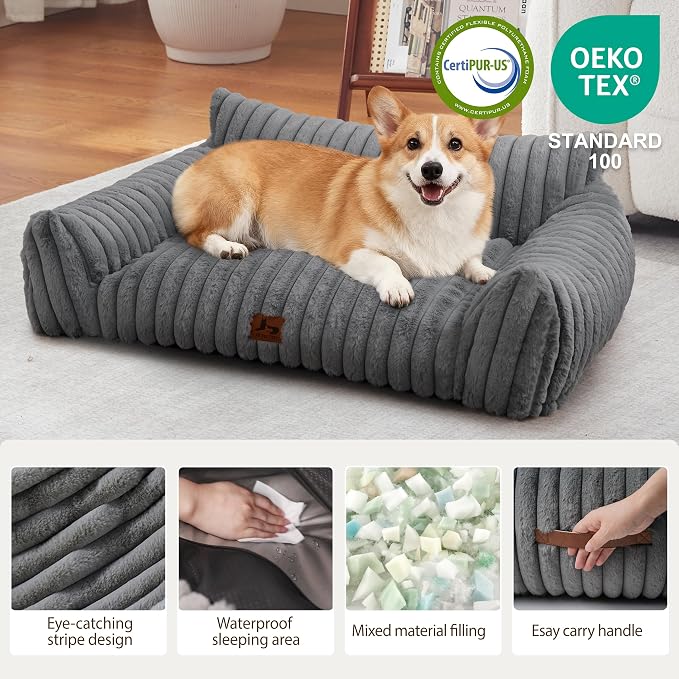 Cute Dog Couch Bed with Removable Washable Cover for Small Dogs | Light Gray, 36", Cozy, Soft, Faux Rabbit Fur, Fuzzy, Indoor, Supportive, Machine Washable, Fully Disassembled
