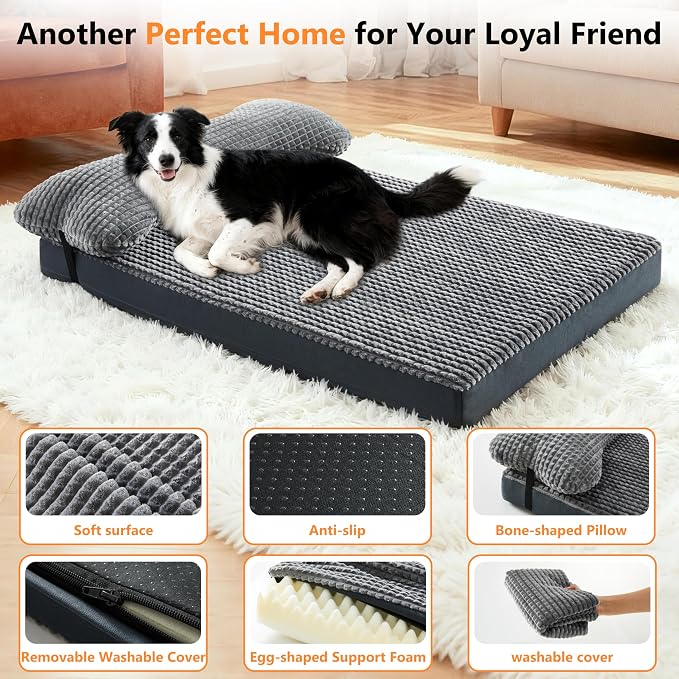 KISYYO Orthopedic XXL Dog Beds for Extra Large Dogs with Removable Washable Cover and Removable Pillow for Crate, Waterproof Extra Large Dogs Mat, Grey, 47x29